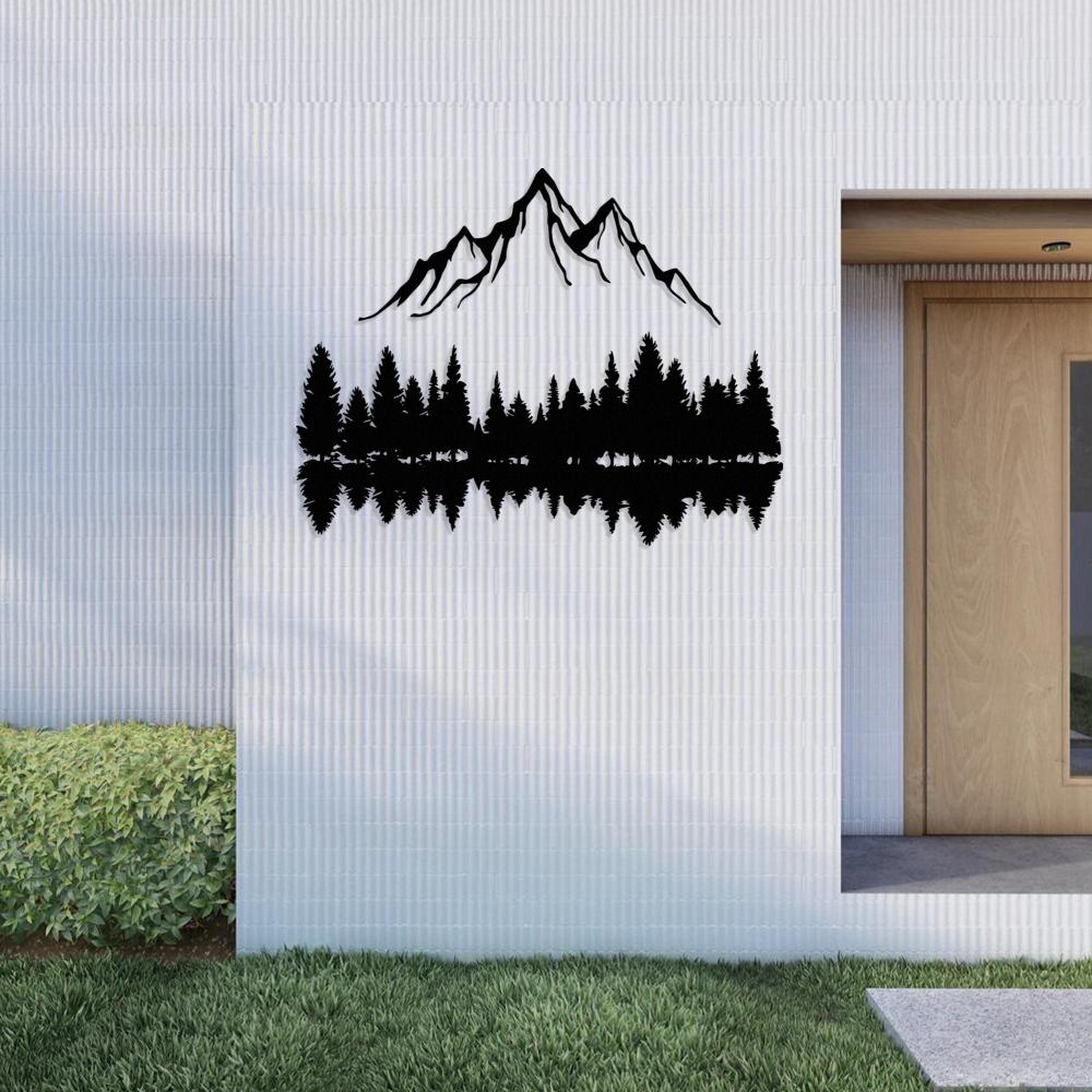 Mountain Peaks and Trees Metal Wall Art in a patio