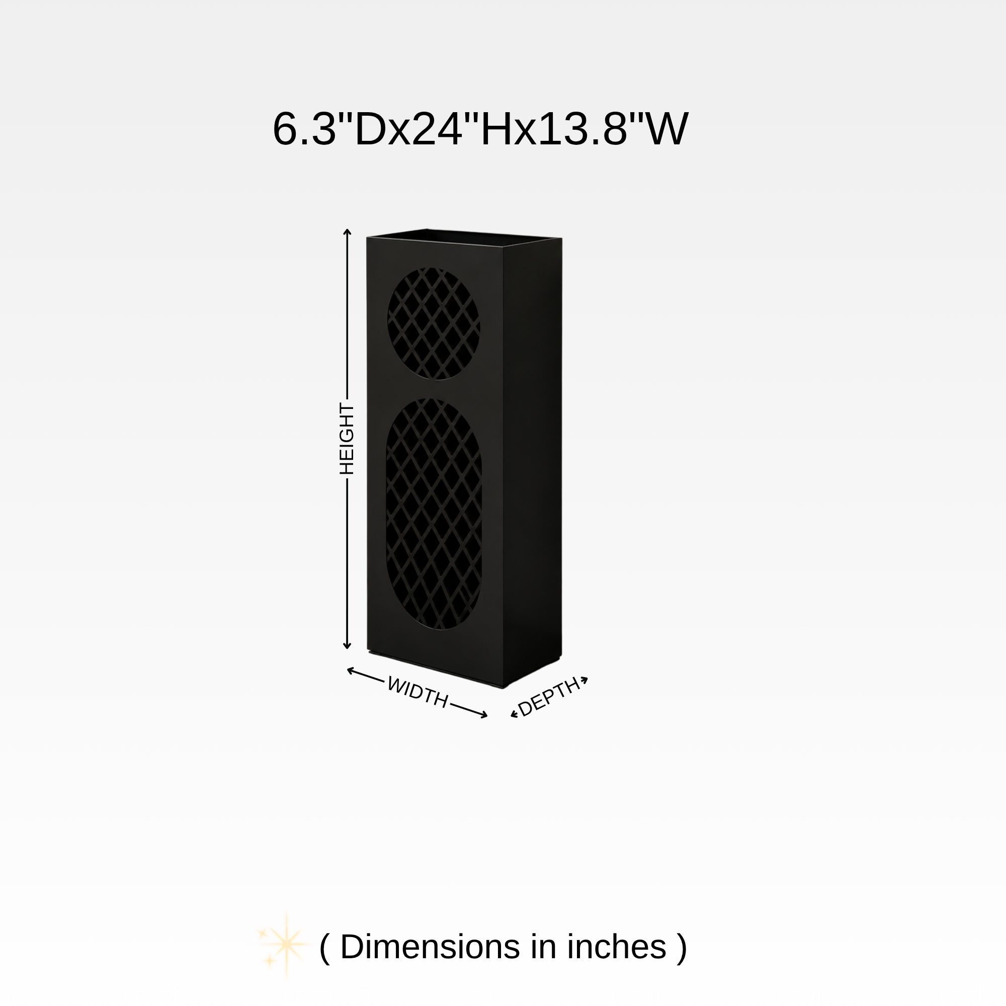Contemporary oval mesh umbrella stand dimensions chart - 6.3in depth x 24in height x 13.8in width