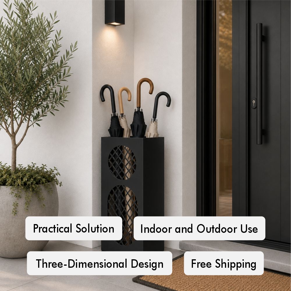Contemporary Oval Mesh Metal Umbrella Stand feature highlights — slim 6.3-inch depth, enclosed drip tray, indoor primary placement with covered outdoor (porches, balconies, screened entrances) acceptable