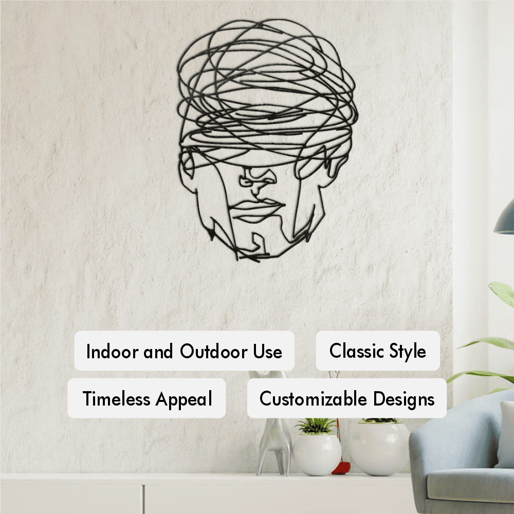 White Overthinking Man Geometric Face Metal Wall Art in an entryway