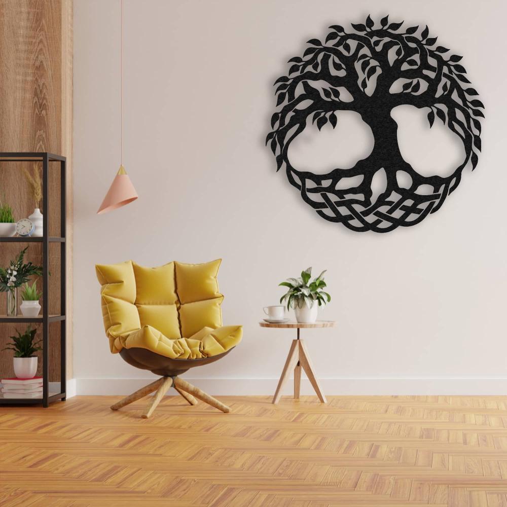 Painted Metal Life Tree featuring a tree of life silhouette, mounted on a wall in a contemporary interior.