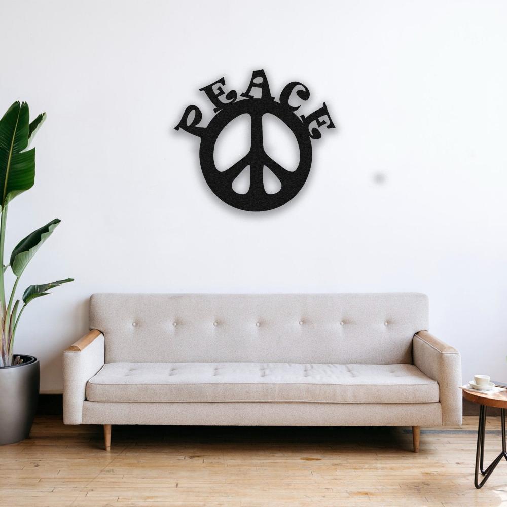 Peace Maker Lettering Metal Wall Art in a living room