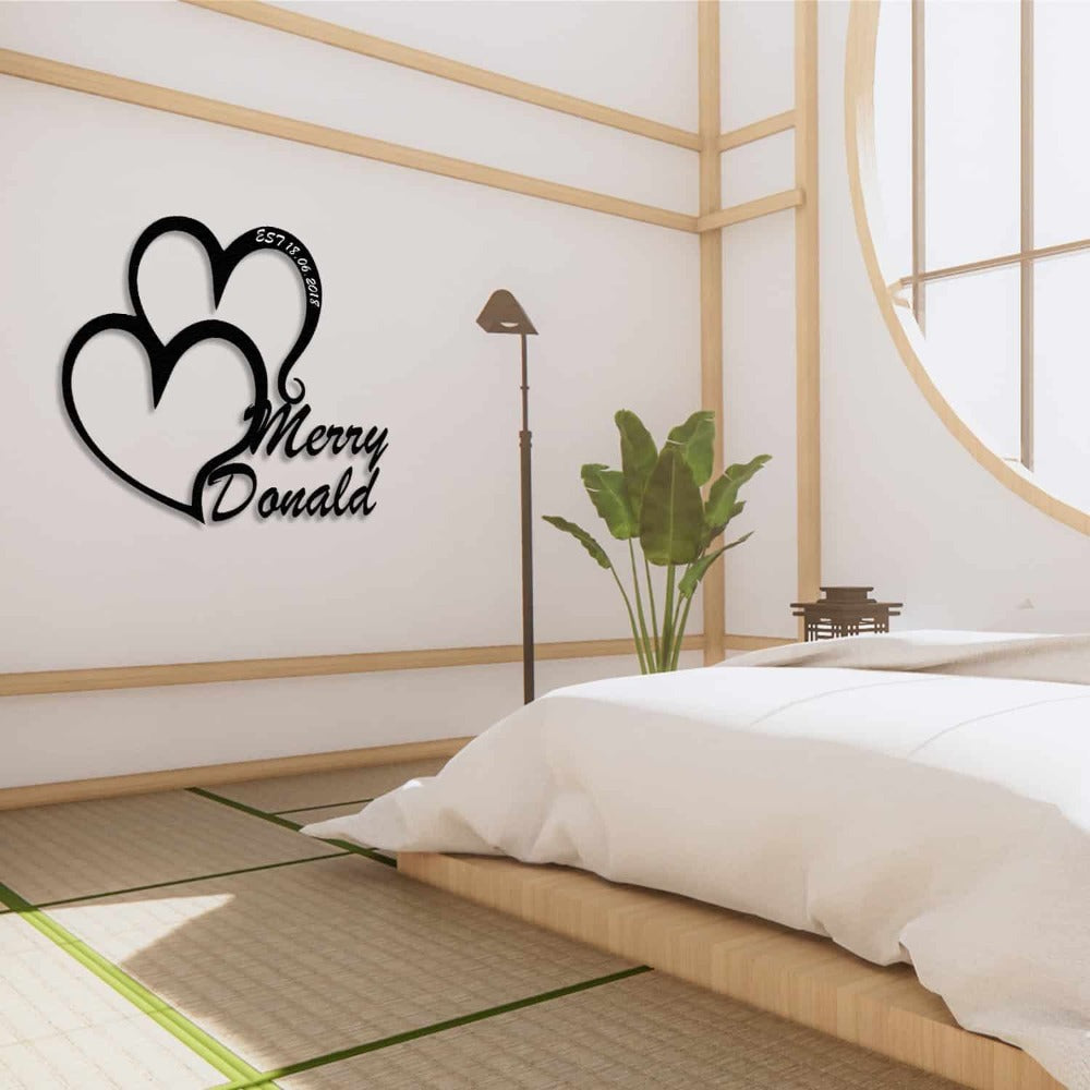 Personalized Double Heart Metal Wall Art with Merry text