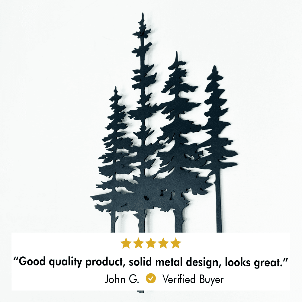 Pine Trees Metal Wall Art laser-cut metal wall art displayed in a lifestyle interior setting.