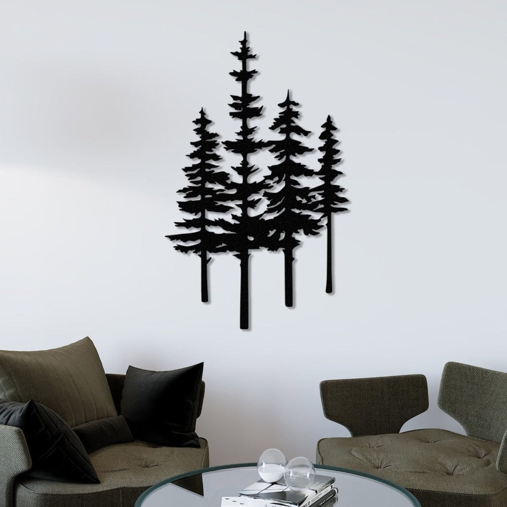 Black Pine Trees Metal Wall Art in a living room