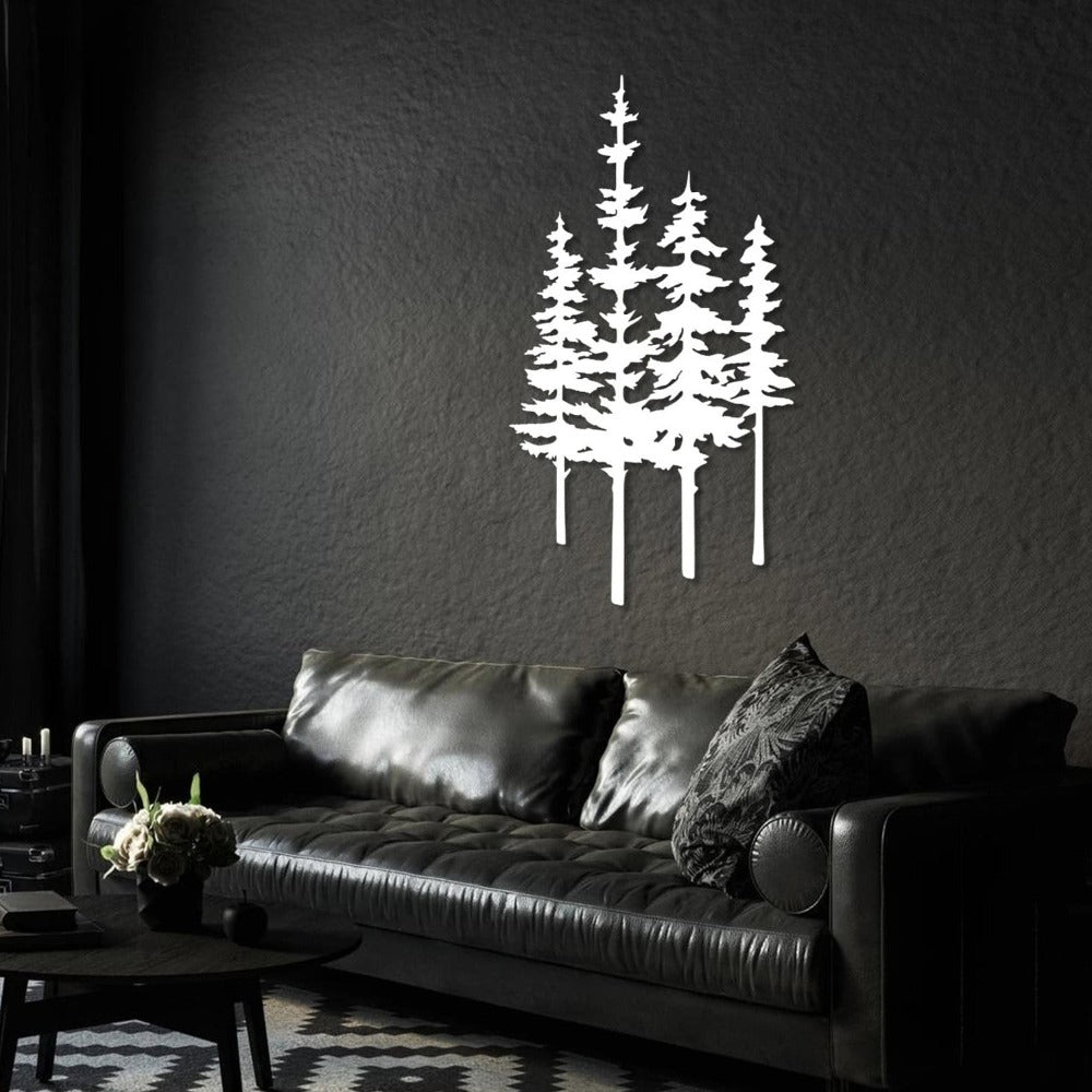 White Pine Trees Metal Wall Art in a living room