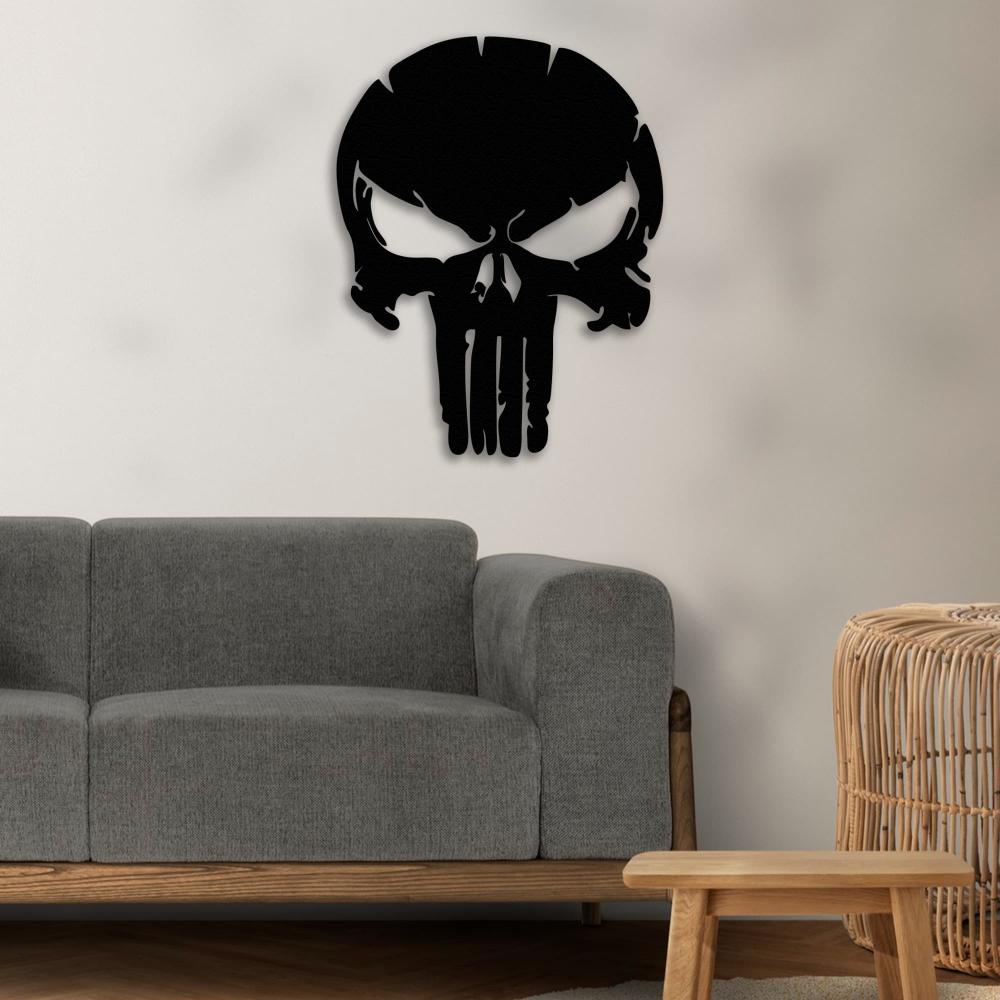 Black Punisher Skull Metal Wall Art in a living room