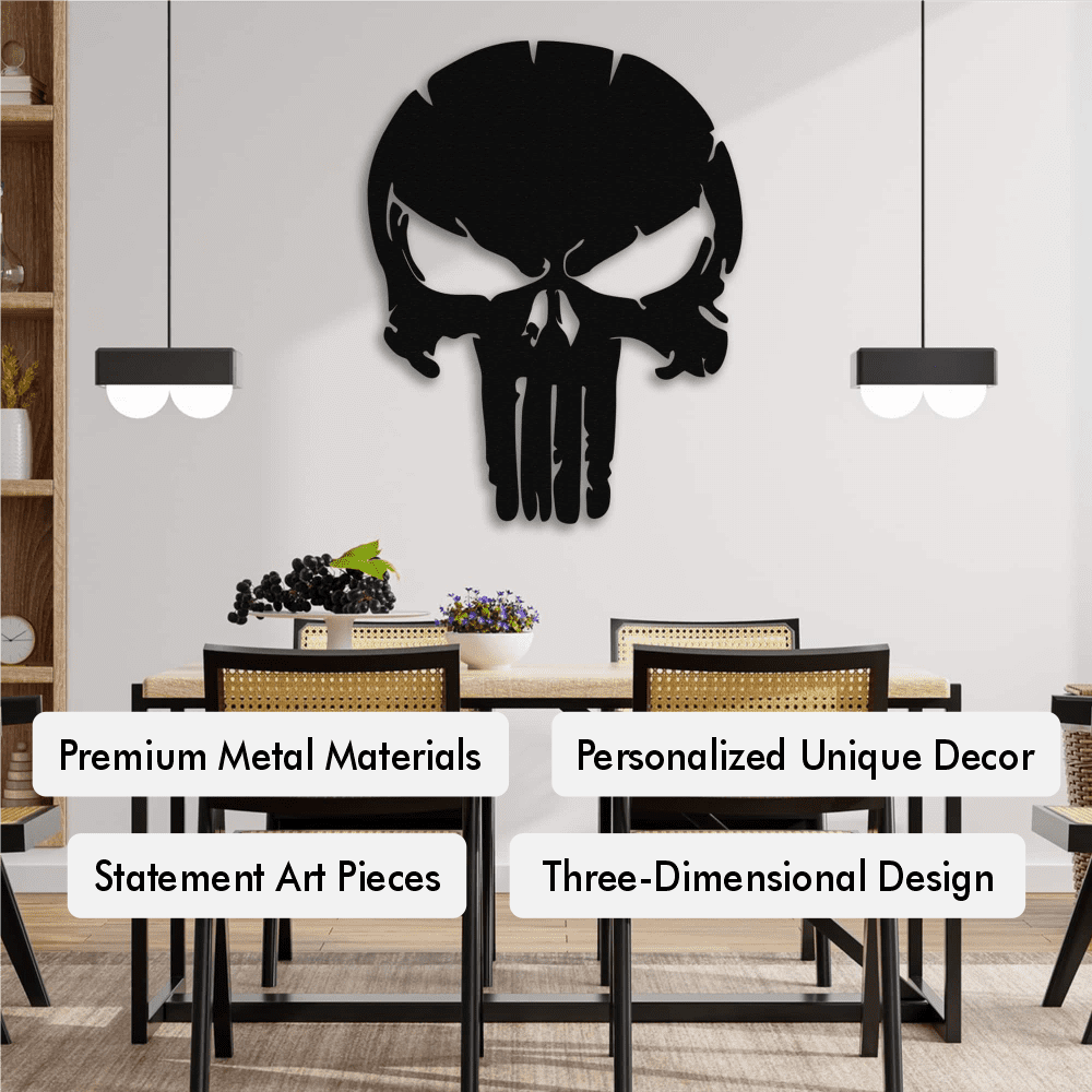 Black Punisher skull metal wall art displayed prominently on a light wall above a modern dining table.