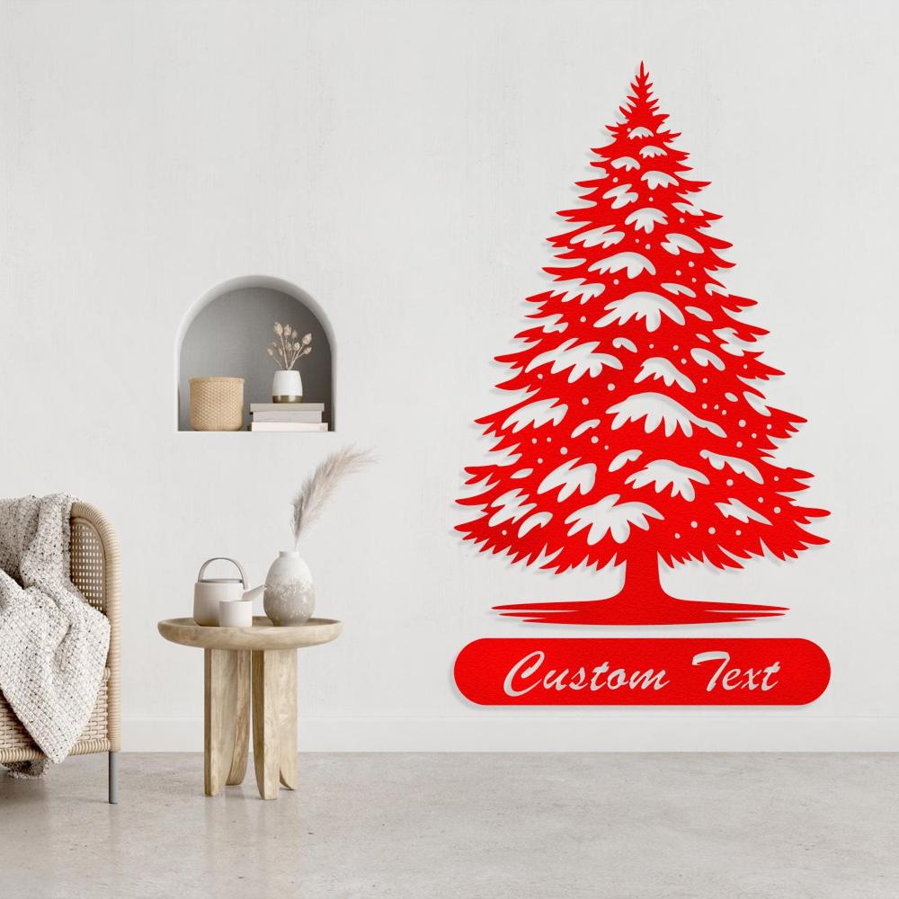 Red metal Christmas tree wall art with custom text, laser-cut from galvanized steel with intricate snow-line detail.