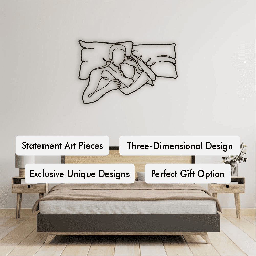Romantic Lying Couple Line Art Metal Wall Art in a bedroom