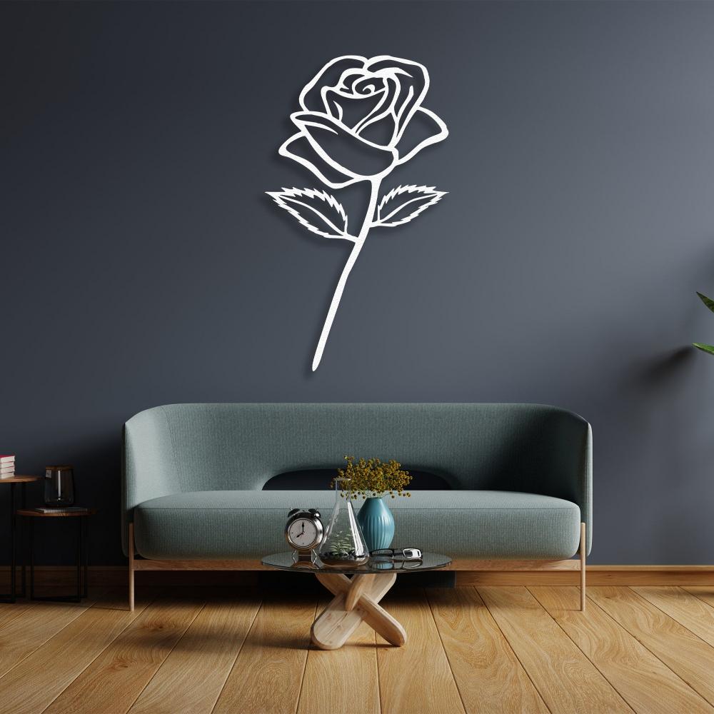 White Rose Stem Metal Wall Art in a living room