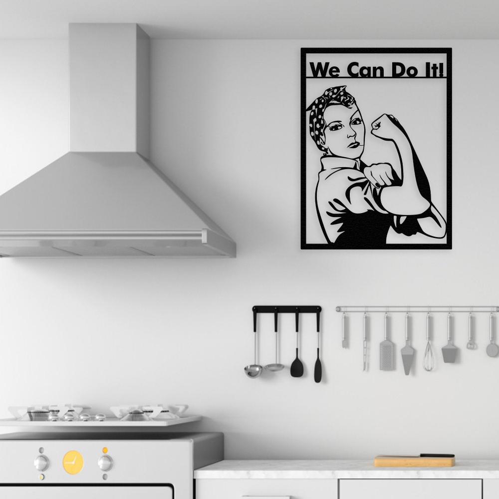 Black Rosie the Riveter Metal Wall Art in a kitchen