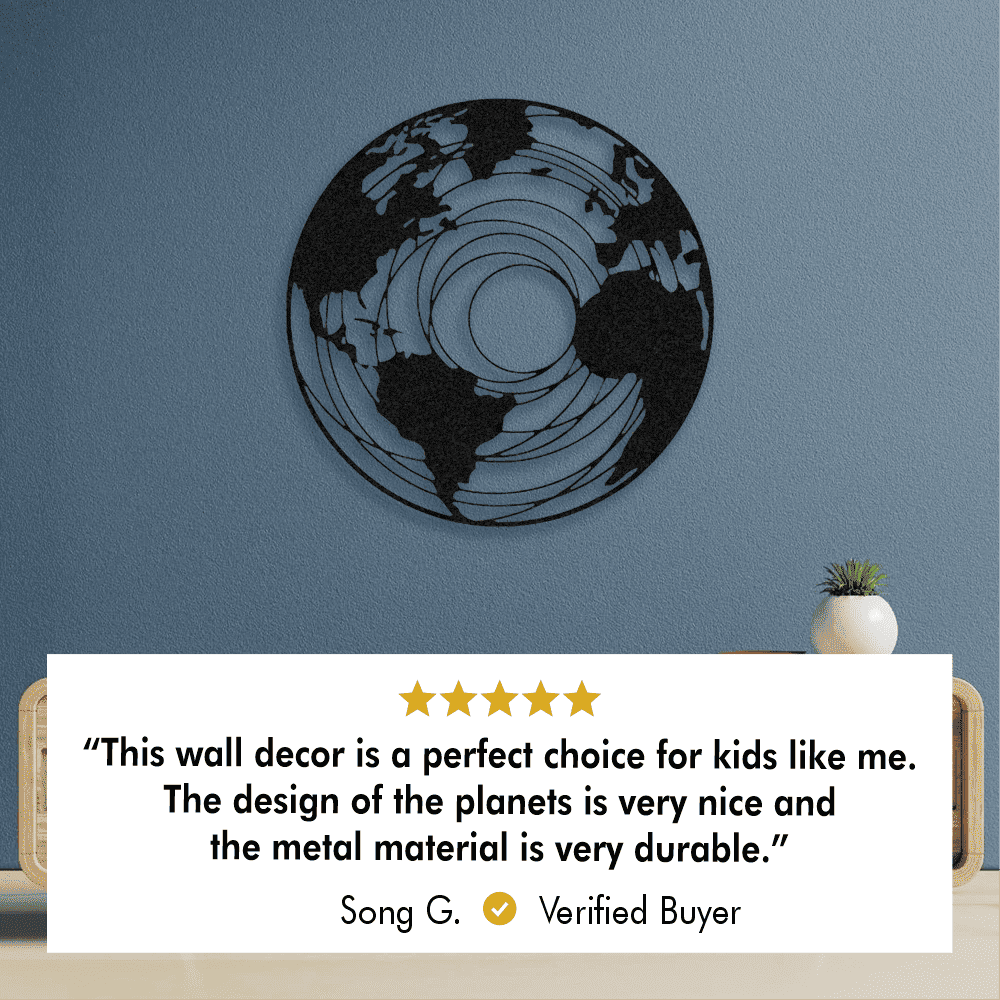 Round earth-themed metal wall art featuring a concentric map design mounted on a blue wall. A 5-star customer review by Song G. reads, "This wall decor is a perfect choice for kids like me. The design of the planets is very nice and the metal material is very durable."