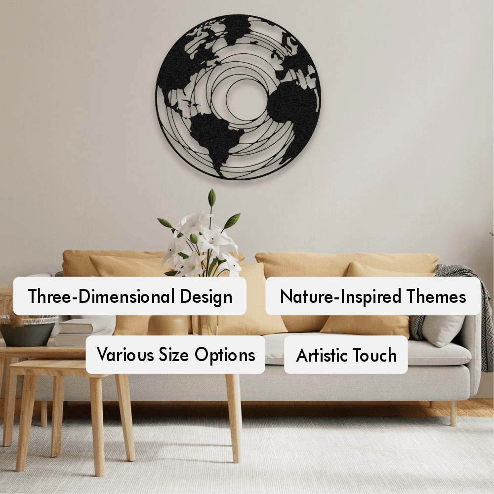 Round earth-themed metal wall art with a three-dimensional concentric design mounted on a neutral-colored wall above a beige sofa. The room features a modern decor style with a flower vase on a wooden table. Text highlights include "Three-Dimensional Design," "Nature-Inspired Themes," "Various Size Options," and "Artistic Touch."