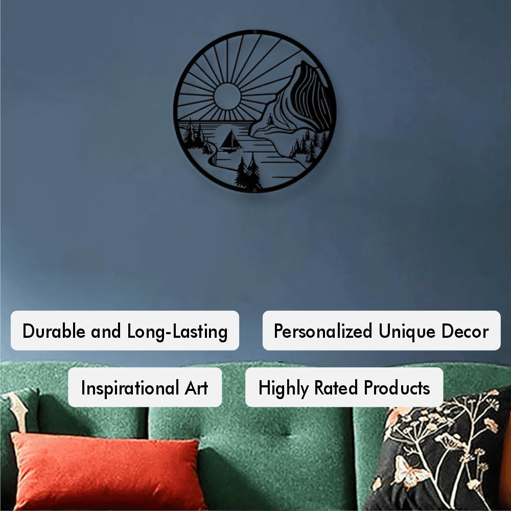 Round Mountain Scene Metal Wall Art in a living room