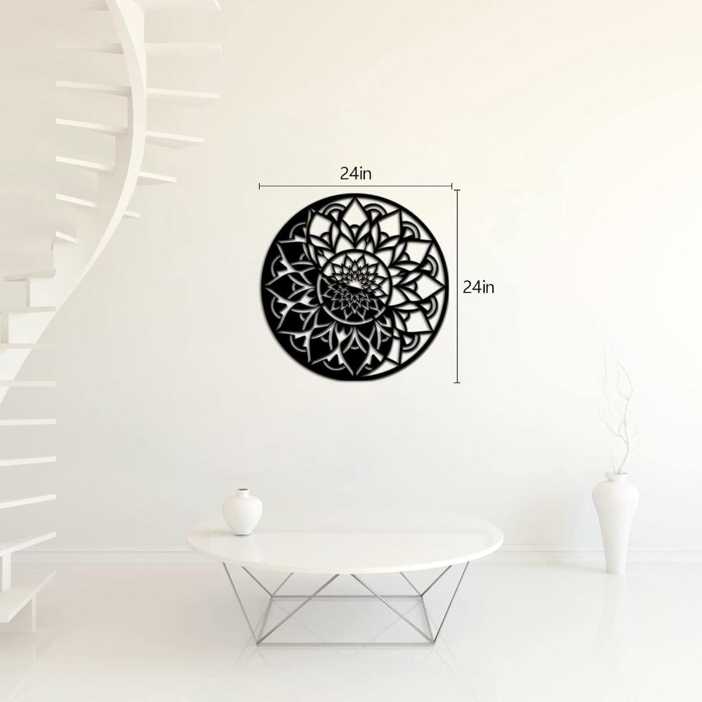 Black Mandala Yin Yang Metal Wall Art in a living room