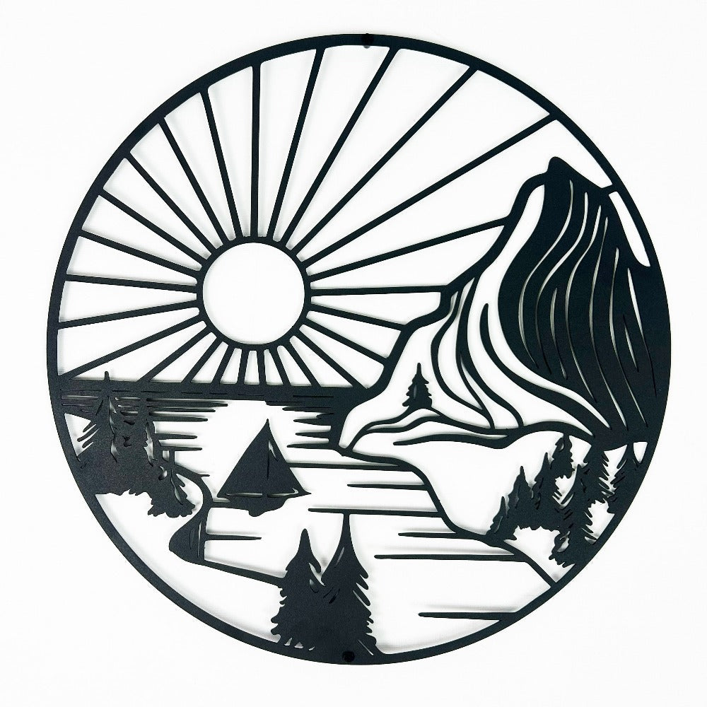 Close-up of black Round Mountain Scene Metal Wall Art details