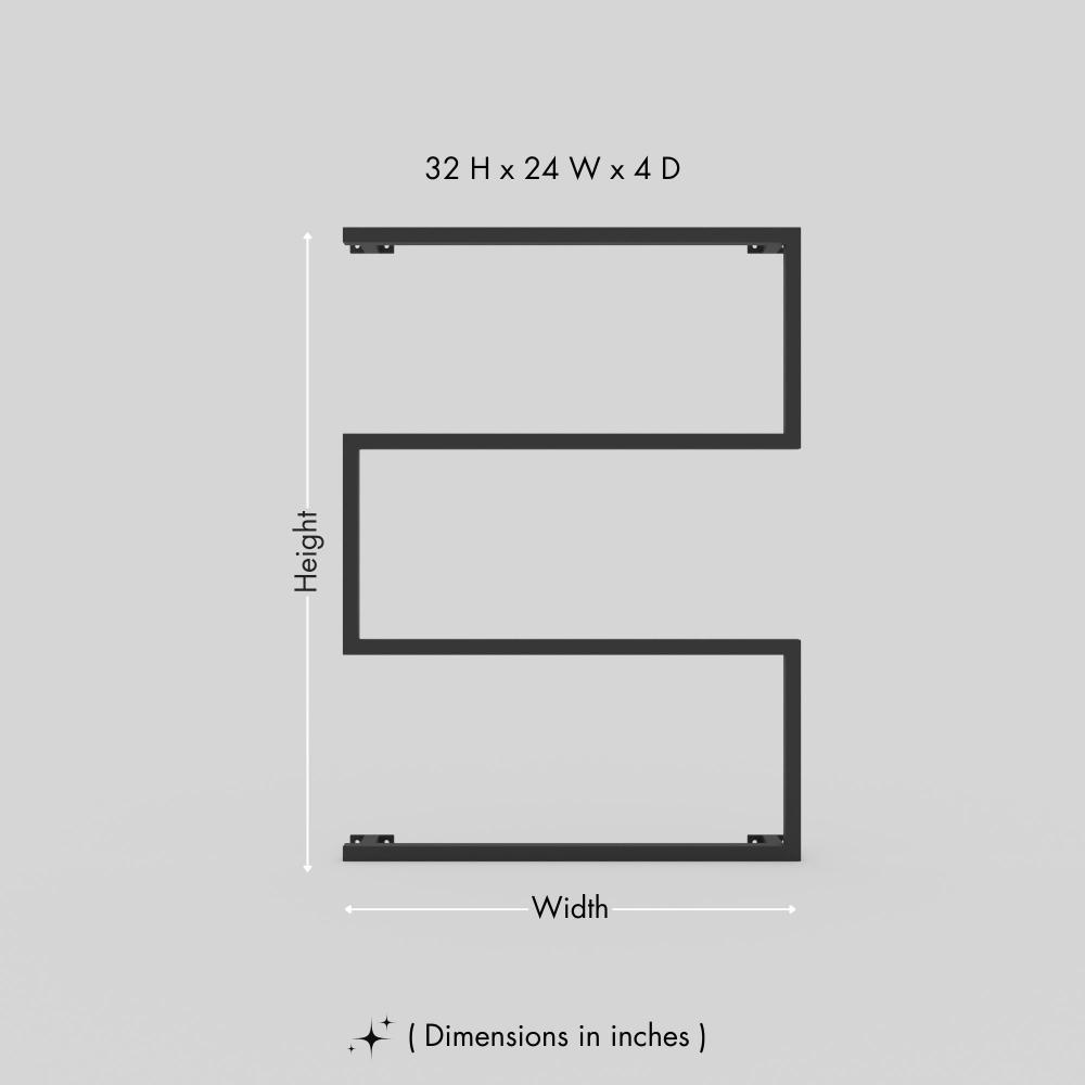 Diagram of a wall-mounted black towel holder with dimensions labeled as 32 H x 24 W x 4 D (inches), featuring a modern rectangular design.. This diagram is labelled in inches; centimetre values are shown beside the image.