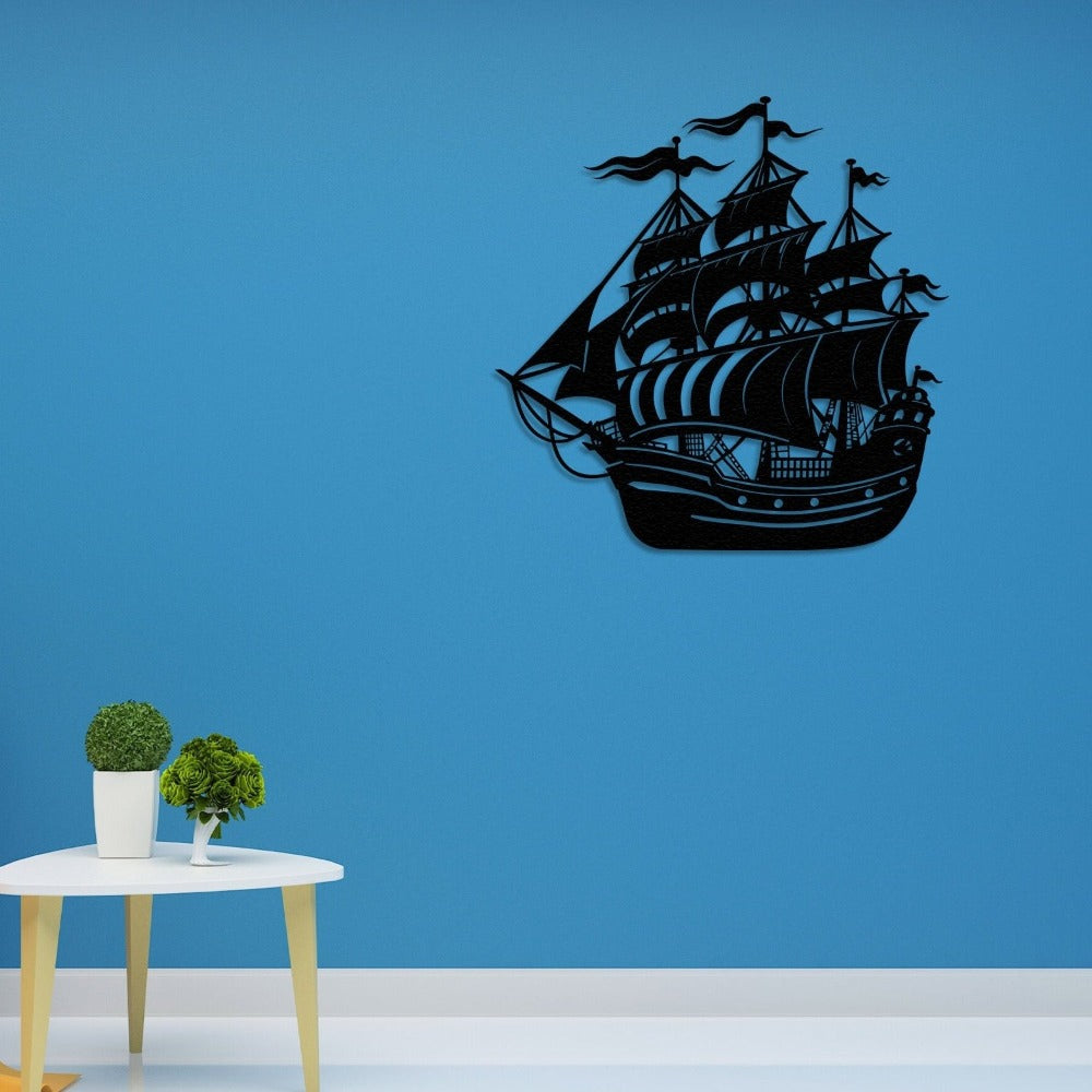 Close-up of black Sailing Ship Metal Wall Art details