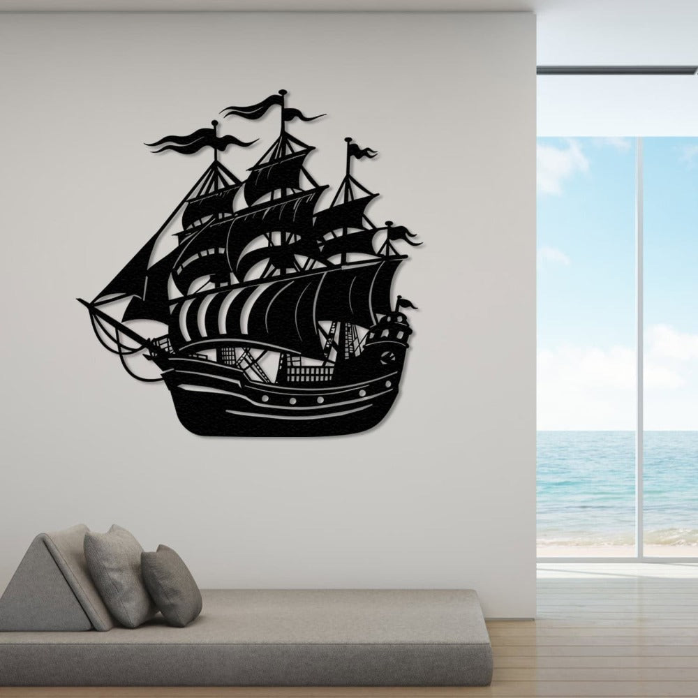 Close-up of black Sailing Ship Metal Wall Art details