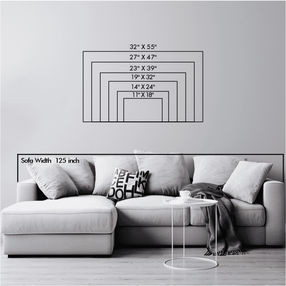 Size guide for Lovers on Bridge showing 5 available size variants up to 47 x 27 in, with scale references for comparison.