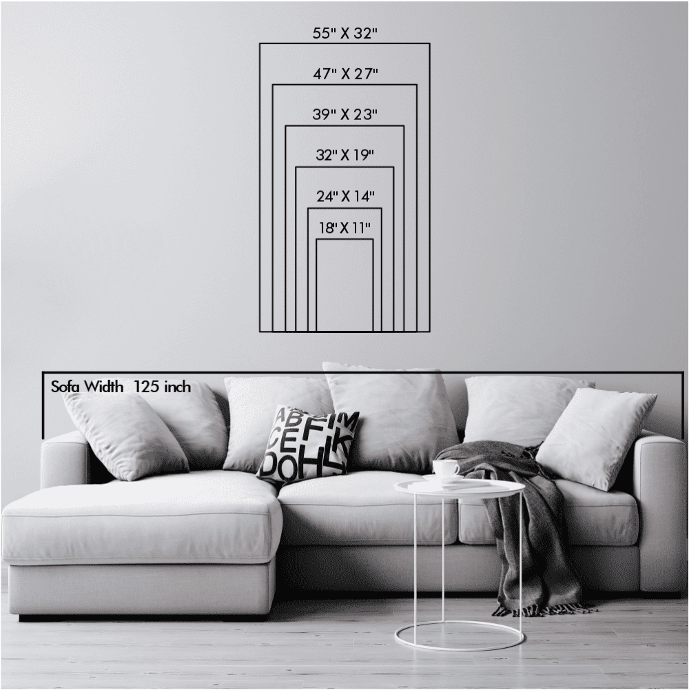 Size guide for Couple on Rainy Day showing 5 available size variants up to 47 x 27 in, with scale references for comparison.