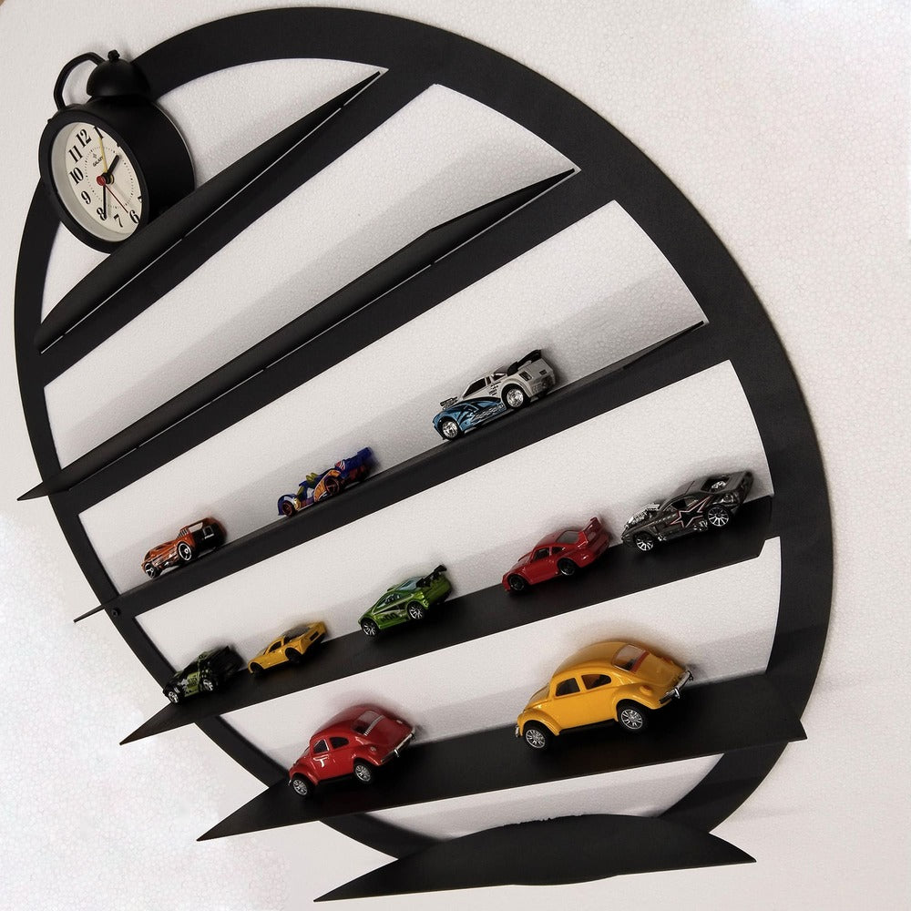 Black metal shelf for wall mounting, designed for model car collections and display.