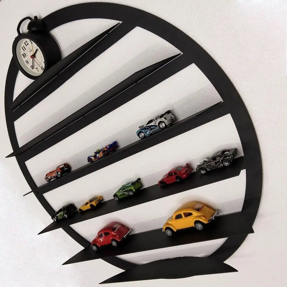 Round metal display shelf for 1/64 model cars with custom nameplate