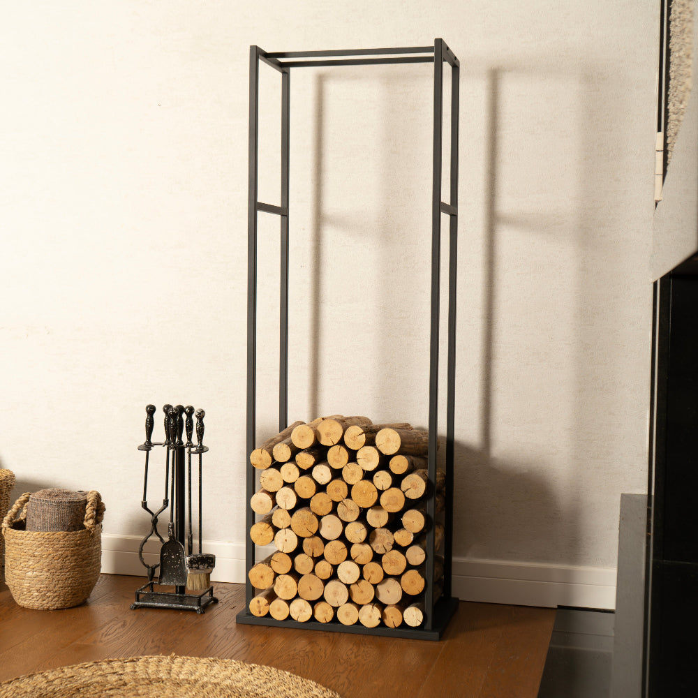 Firewood rack with logs against a white wall in a room with a fireplace.
