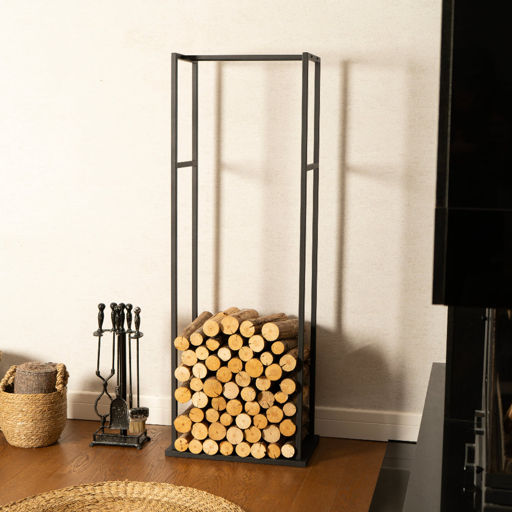 Firewood storage rack with logs next to a fireplace in a room.