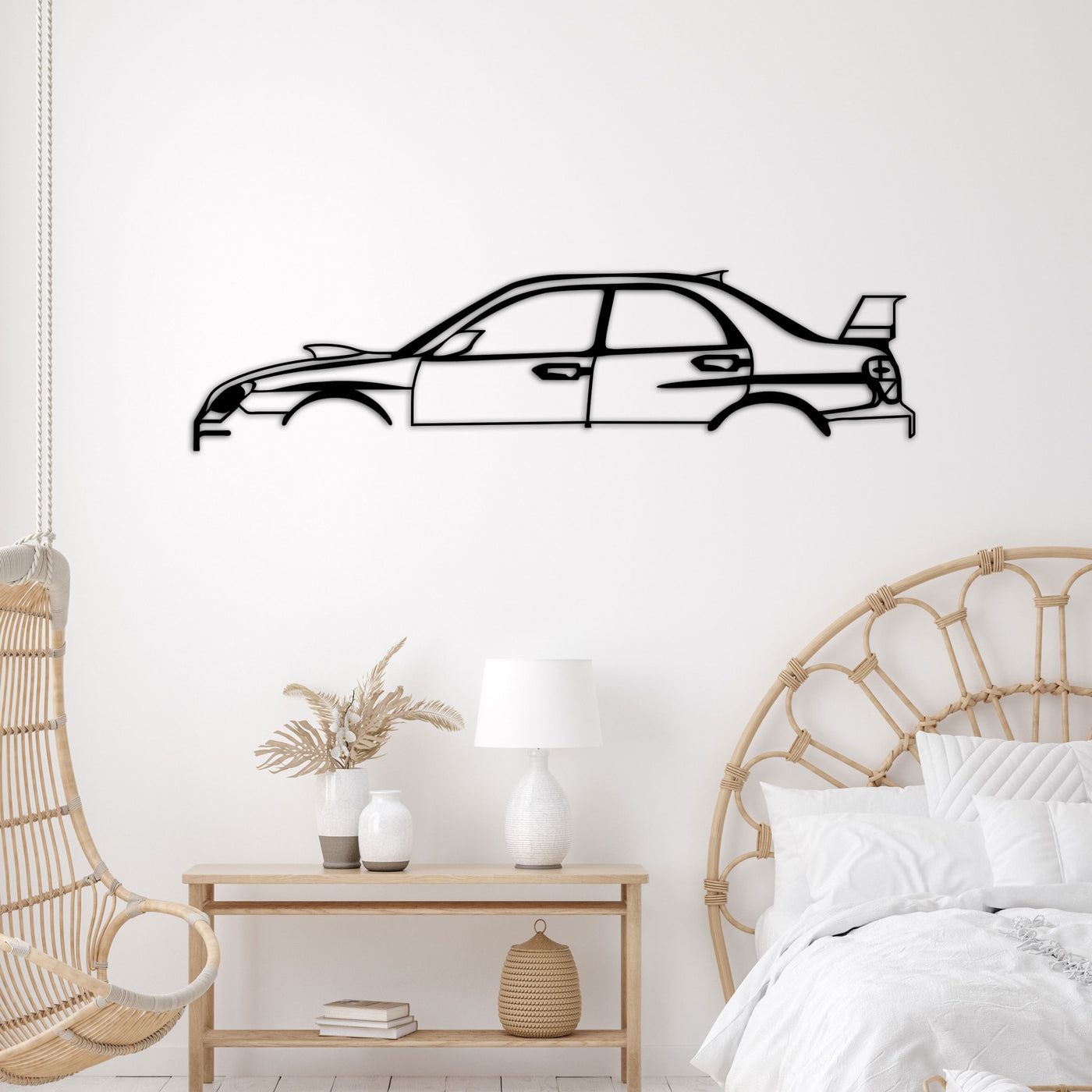 Subaru Impreza car silhouette metal wall art displayed in a bedroom setting.