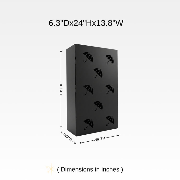 Tall metal umbrella stand dimensions chart with multi-umbrella pattern - 6.3in D x 24in H x 13.8in W