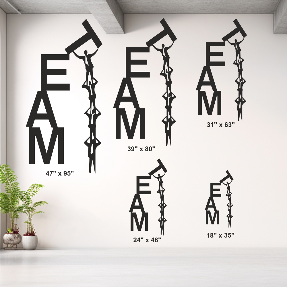 Size guide for TEAM Metal Wall Art showing 5 available size variants up to 47 x 95 in, with scale references for comparison.