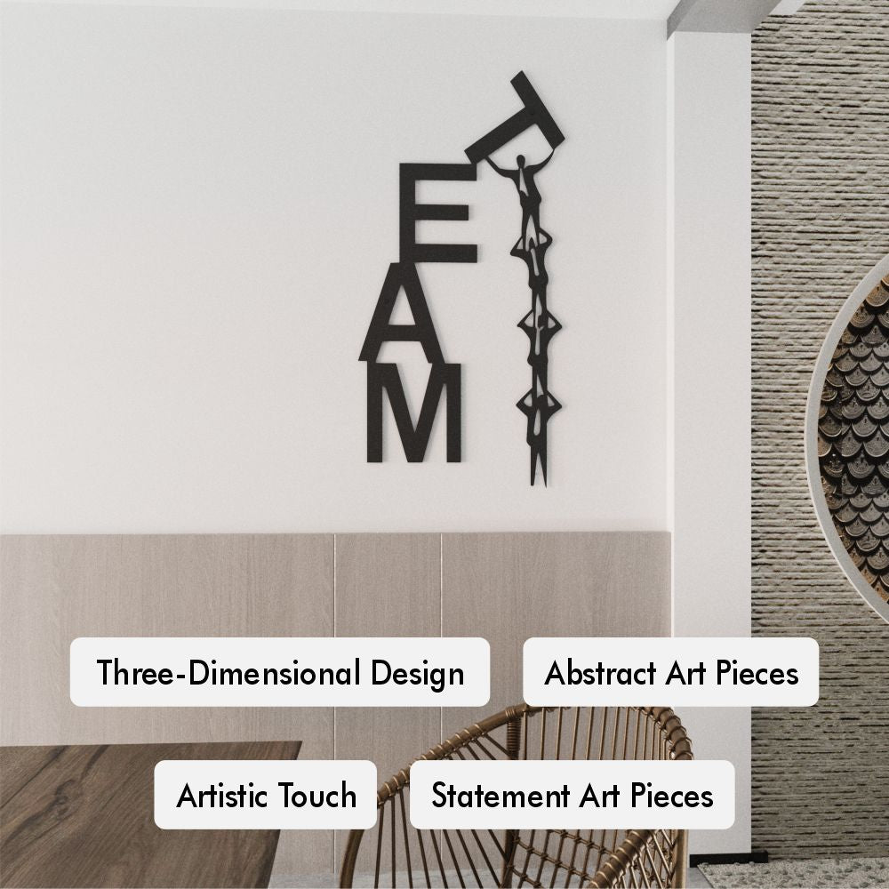 Laser-cut galvanized metal wall art piece spelling 'TEAM' in a modern interior setting.