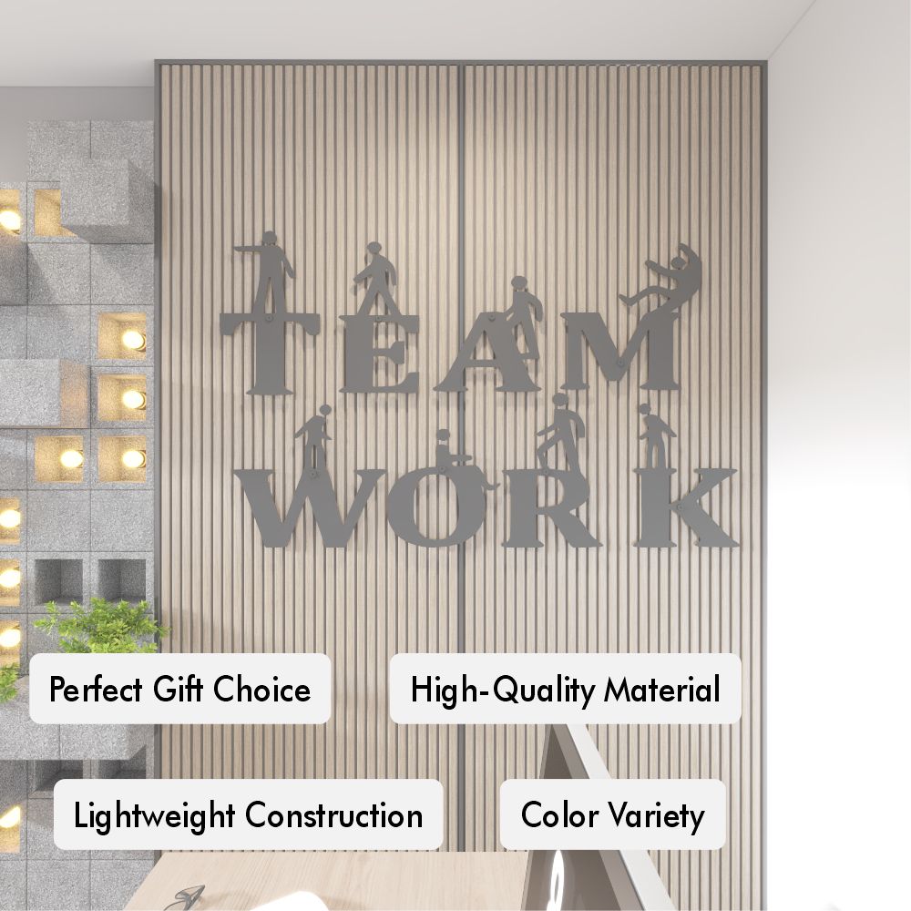 Decorative wall art with 'Team Work' text and silhouettes on a striped wall.