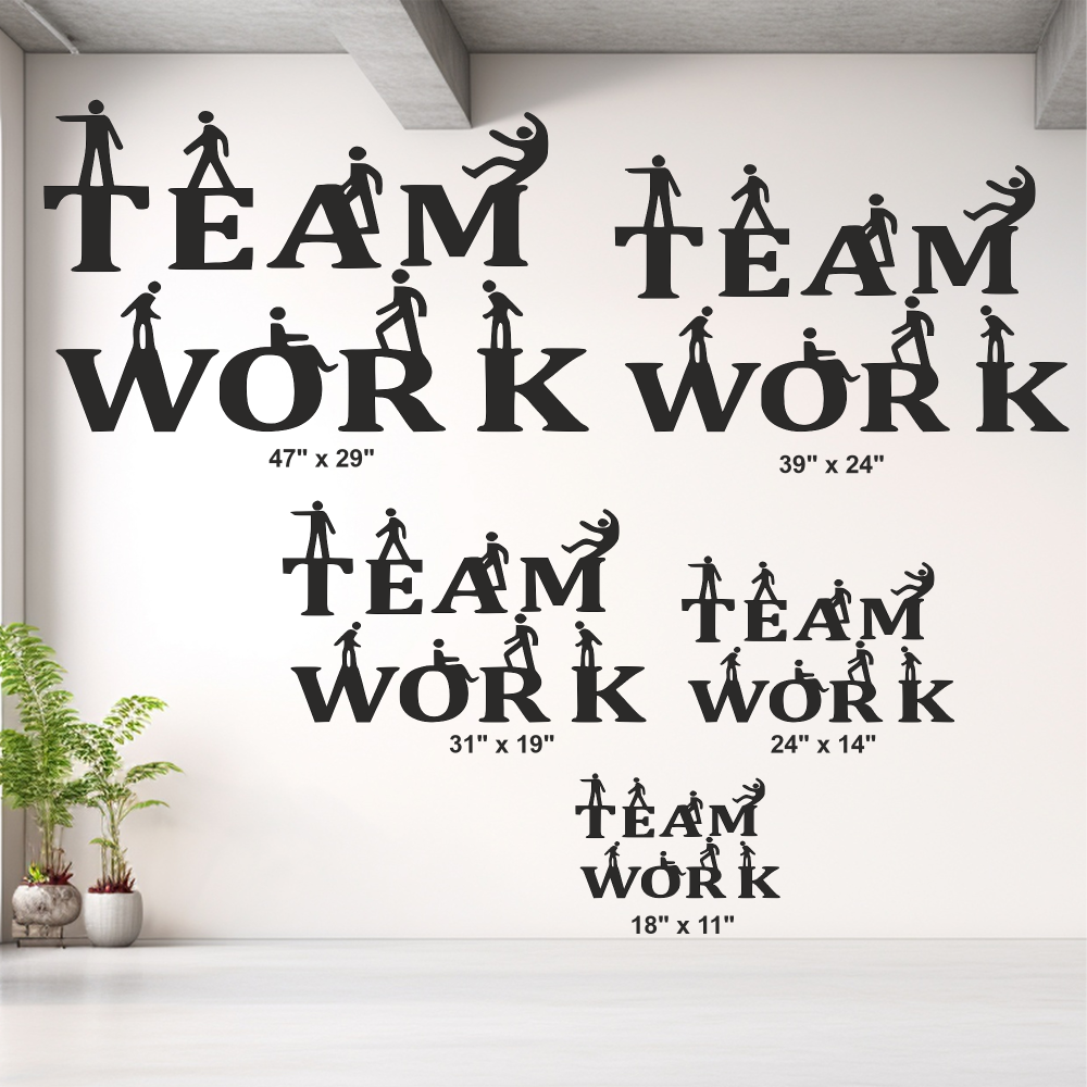 Laser-cut galvanized metal wall art with 'Team Work' text and small figures on a white wall.
