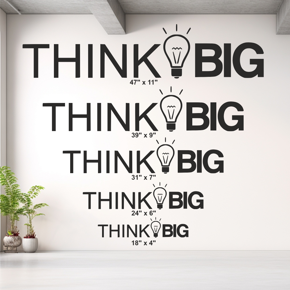 THINK BIG Metal Wall Art in Black, showing laser-cut text and light bulb cutout details on a white wall.