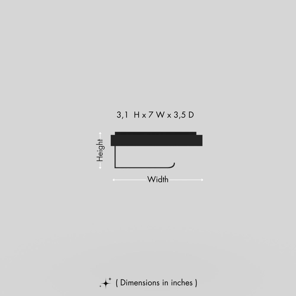 Dimensions of a wall-mounted toilet paper holder with a smartphone shelf, showing 3.1 inches in height, 7 inches in width, and 3.5 inches in depth.. This diagram is labelled in inches; centimetre values are shown beside the image.