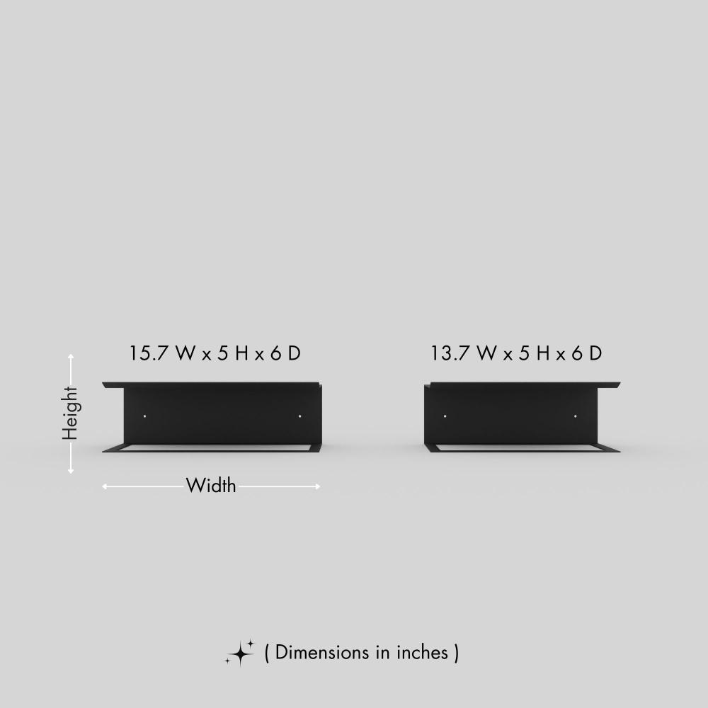 Size guide for Towel Holder and Shelf for Bathroom showing 2 available size variants up to 5 x 16 x 6 in, with scale references for comparison.