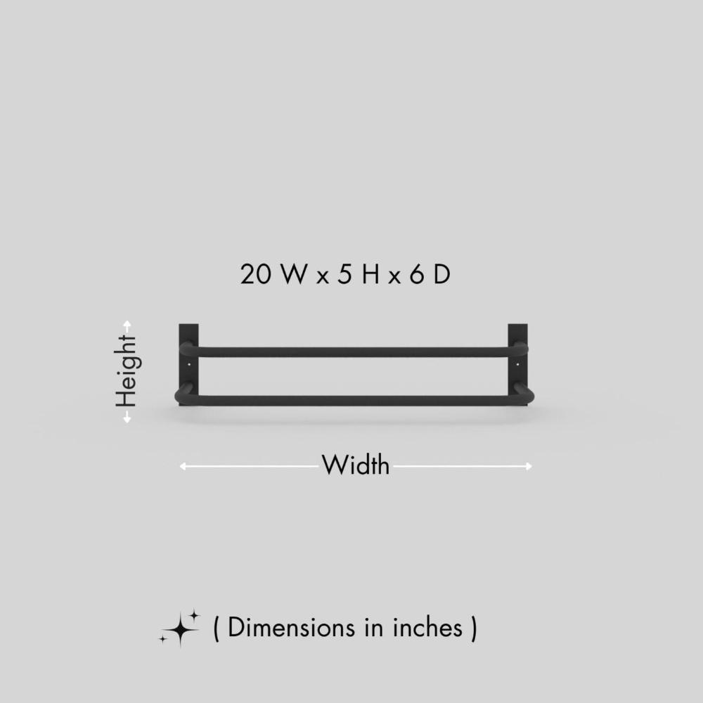 A black double-bar towel holder on a plain gray background, showcasing its dimensions as 20 inches wide, 5 inches tall, and 6 inches deep. The image emphasizes the holder’s minimalist and functional design.. This diagram is labelled in inches; centimetre values are shown beside the image.