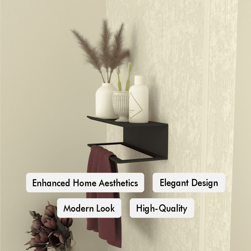 Towel Holder and Shelf mounted in a modern bathroom setting.