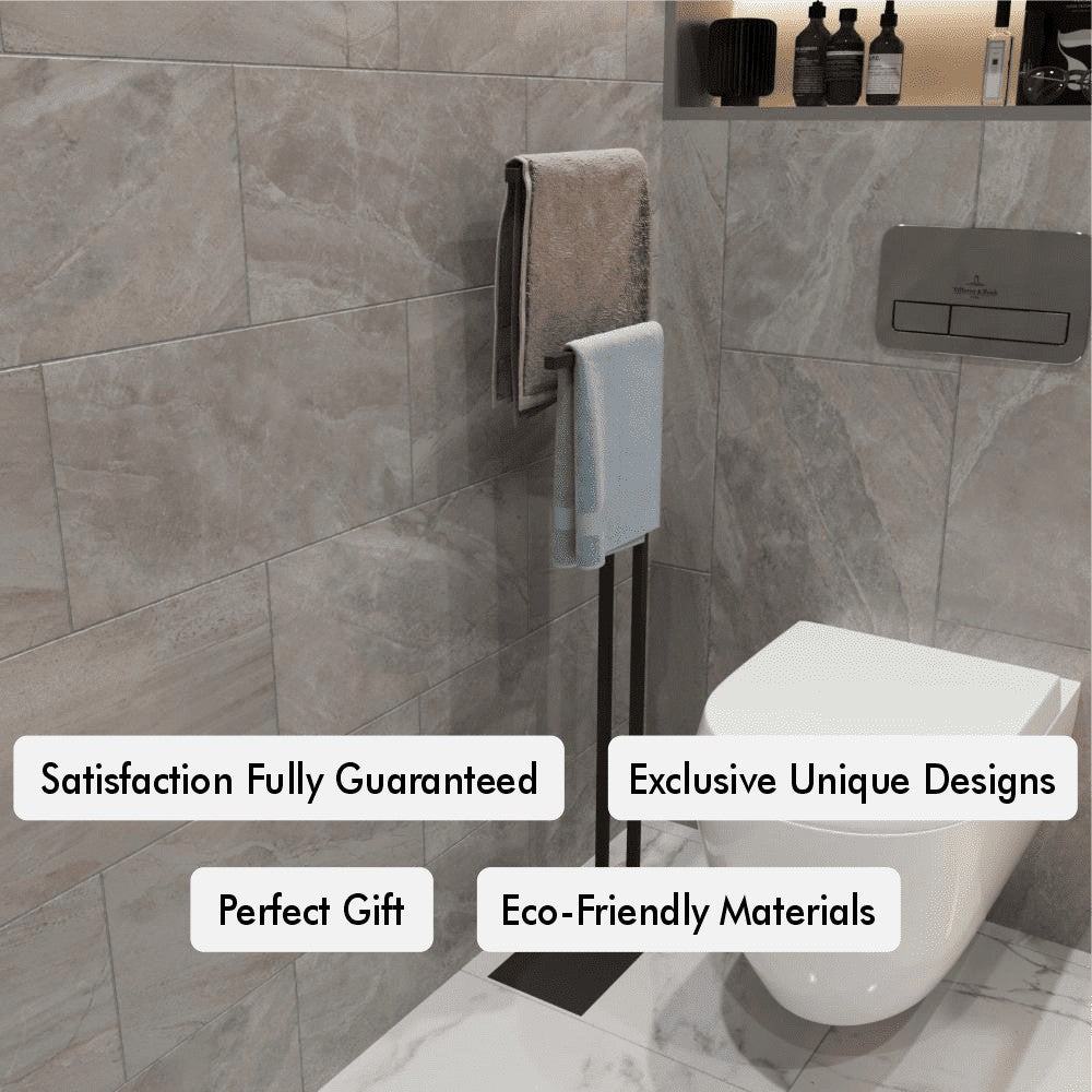 Free Standing Outdoor Pool Towel Holder placed in a modern bathroom setting.