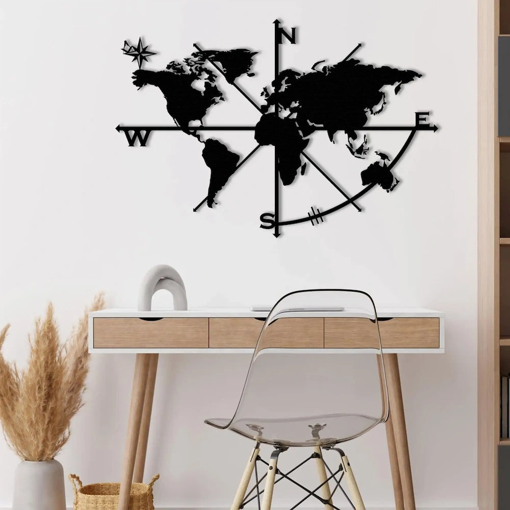 World Map with Compass Metal Wall Art