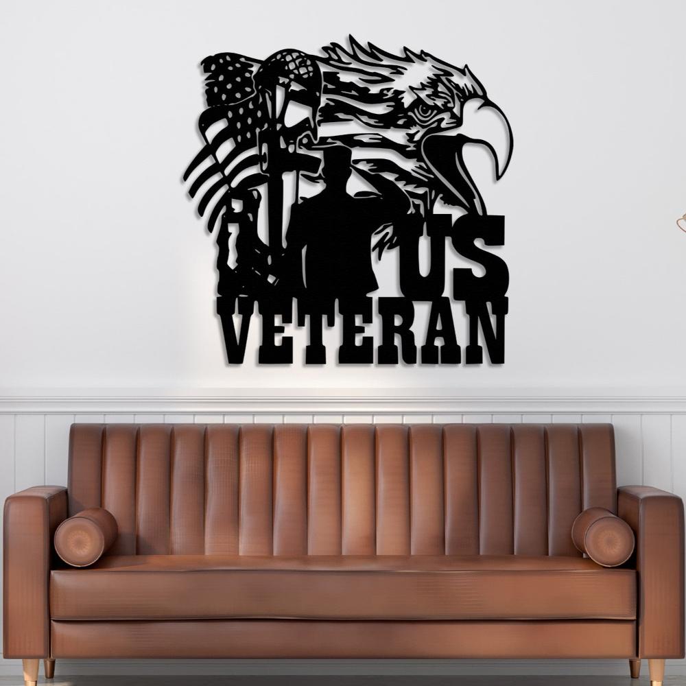 Black US Veteran Tribute Metal Wall Art in a living room