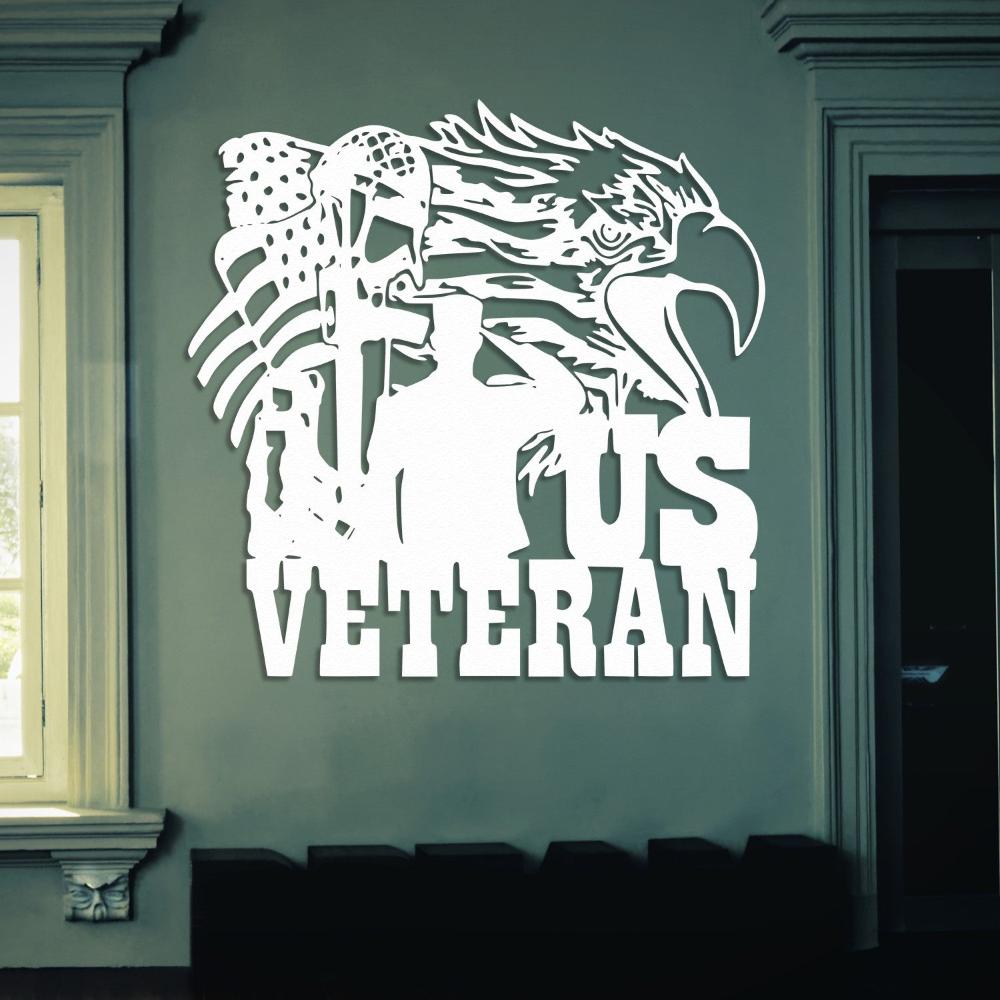 Black metal US Veteran wall art showing a bald eagle perched on a weathered American flag, laser-cut from galvanized steel.