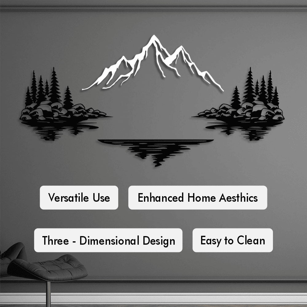 Mountain lake metal wall art with trees and reflections, providing a clean modern look in a contemporary interior.