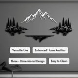 Mountain lake metal wall art with trees and reflections, providing a clean modern look in a contemporary interior.