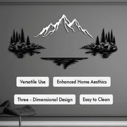 Mountain lake metal wall art with trees and reflections, providing a clean modern look in a contemporary interior.