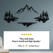 Mountain lake metal wall art with trees and reflections, displayed against a clean background.