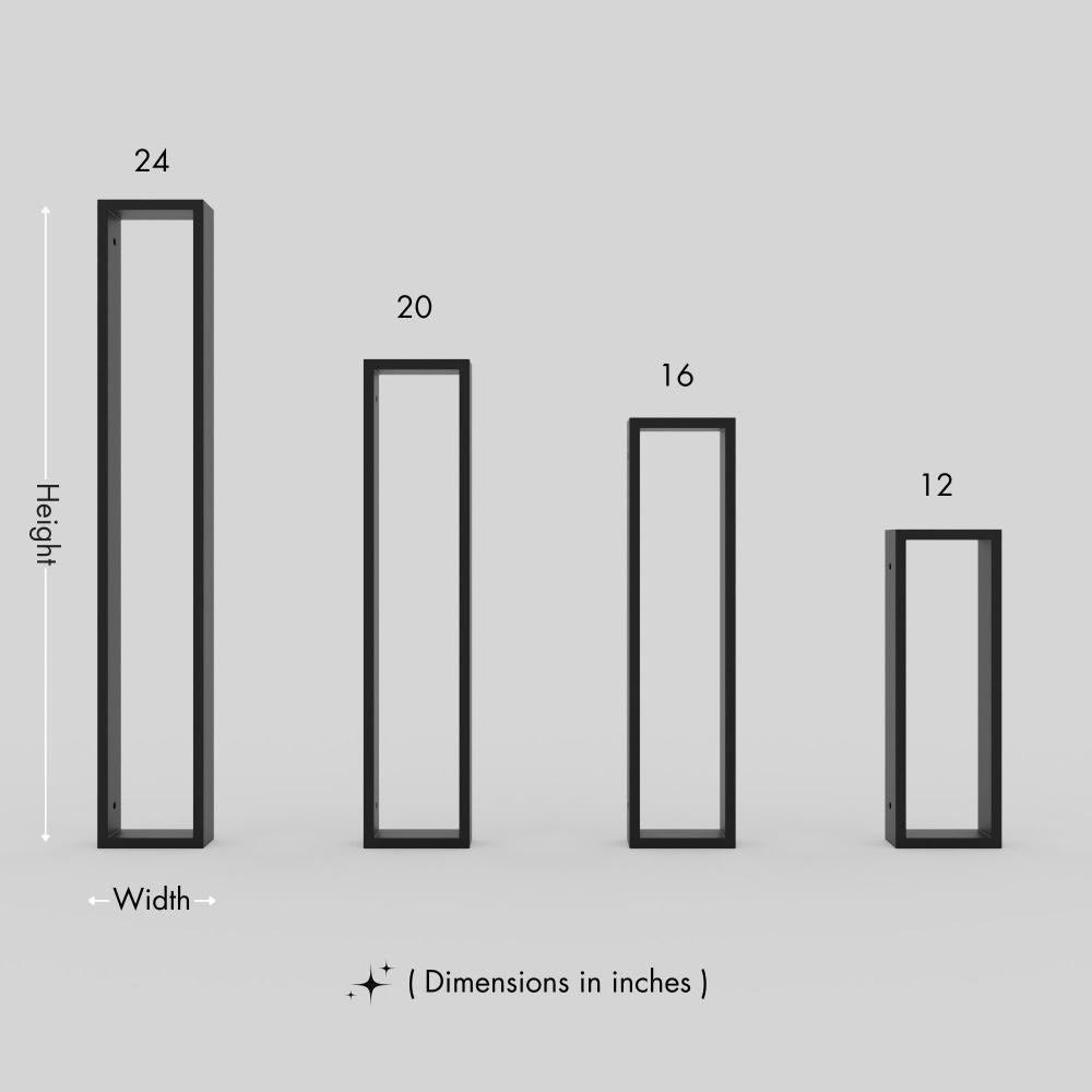 Four vertical metal frames of different heights displayed against a plain gray background, labeled with their respective heights in inches: 24, 20, 16, and 12. Each frame has a minimalist, rectangular design, with dimensions noted as "height" and "width.". This diagram is labelled in inches; centimetre values are shown beside the image.